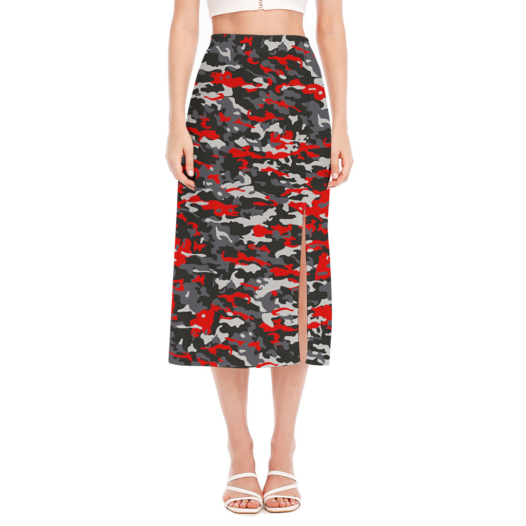 Orange Black And Grey Camouflage Print Side Slit Midi Skirt