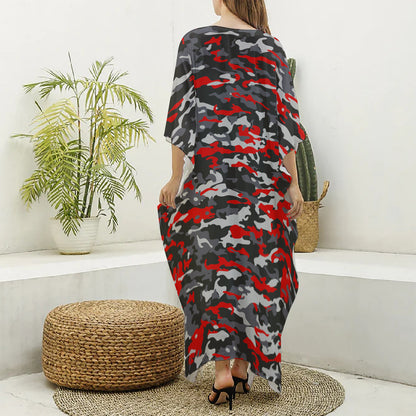 Orange Black And Grey Camouflage Print Silk V-Neck Kaftan Dress
