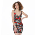 Orange Black And Grey Camouflage Print Sleeveless Bodycon Dress