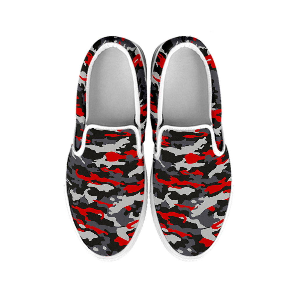 Orange Black And Grey Camouflage Print White Slip On Sneakers