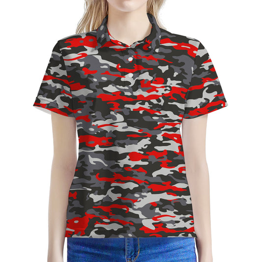 Orange Black And Grey Camouflage Print Women's Polo Shirt