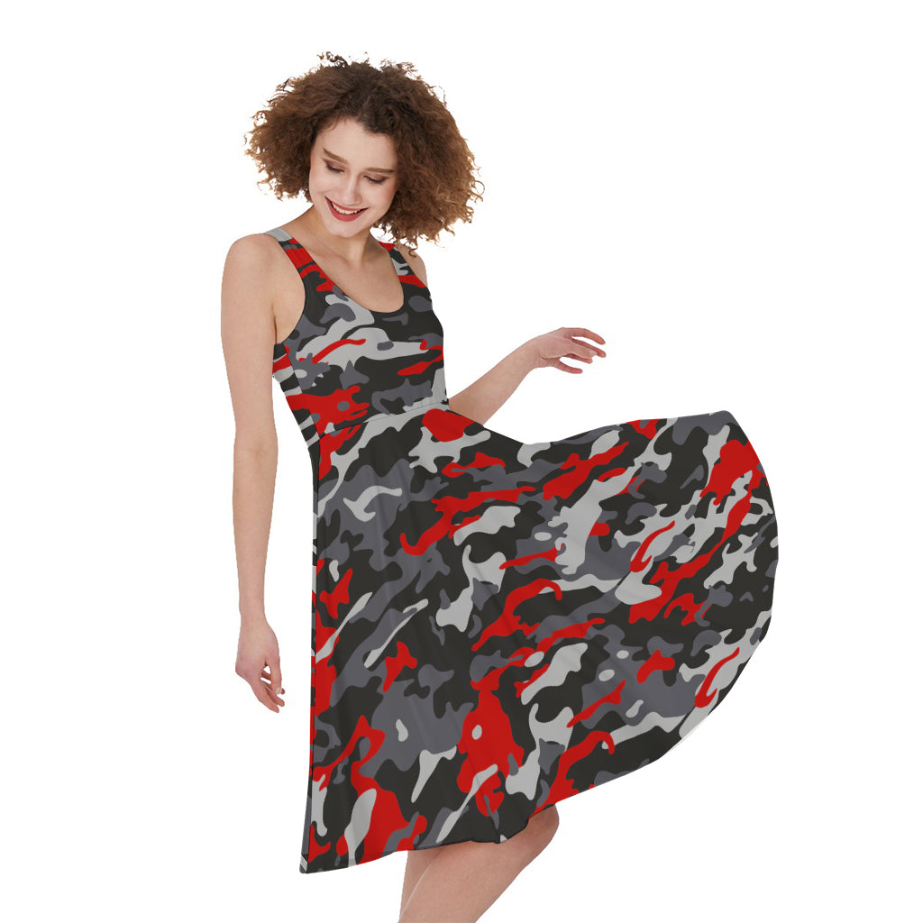 Orange Black And Grey Camouflage Print Women's Sleeveless Dress