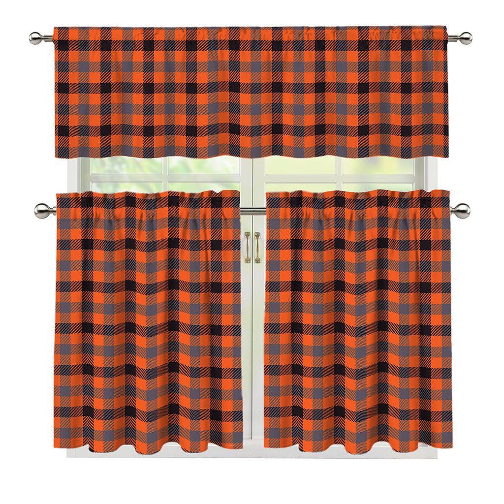 Orange Black And Grey Plaid Print 3 Piece Kitchen Curtains