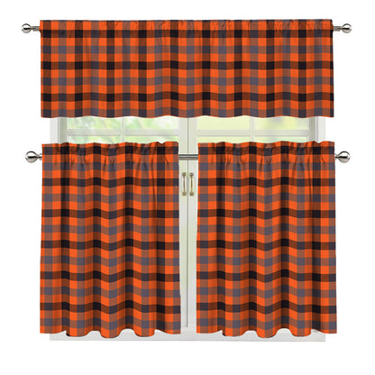 Orange Black And Grey Plaid Print 3 Piece Kitchen Curtains