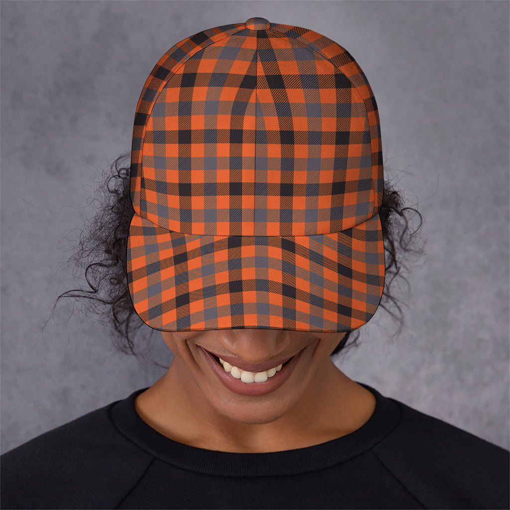 Orange Black And Grey Plaid Print Baseball Cap