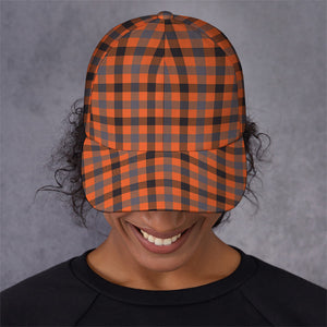 Orange Black And Grey Plaid Print Baseball Cap