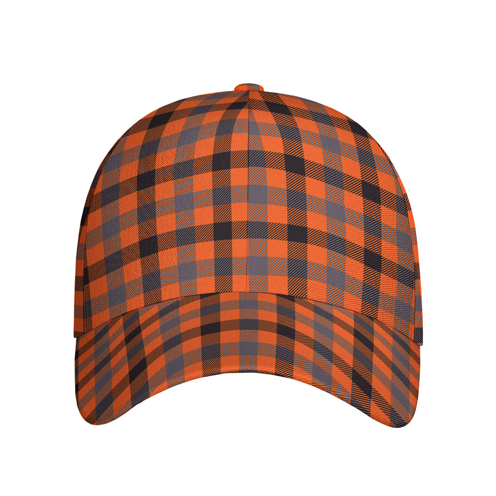 Orange Black And Grey Plaid Print Baseball Cap