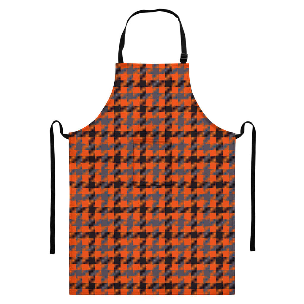 Orange Black And Grey Plaid Print Bib Apron With Pocket