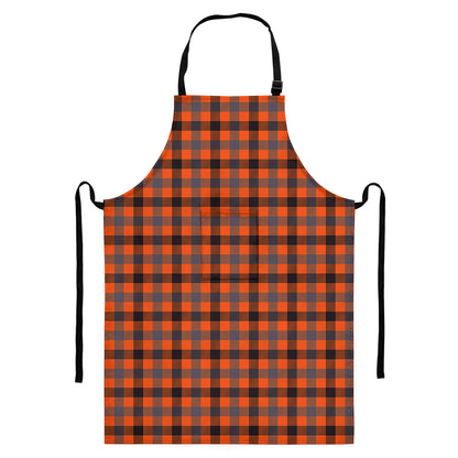 Orange Black And Grey Plaid Print Bib Apron With Pocket