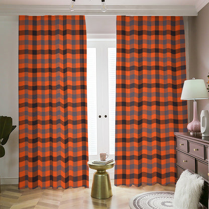 Orange Black And Grey Plaid Print Blackout Pencil Pleat Curtains