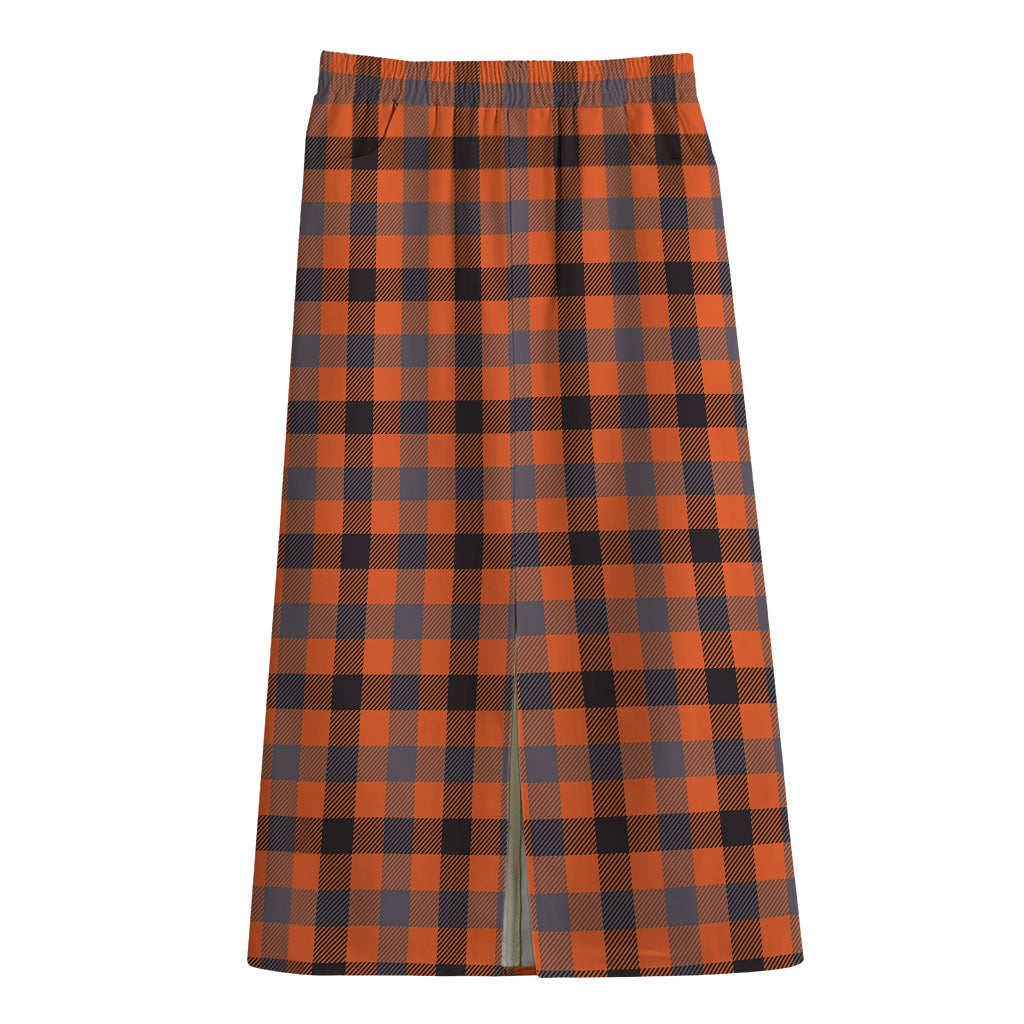 Orange Black And Grey Plaid Print Cotton Front Slit Maxi Skirt