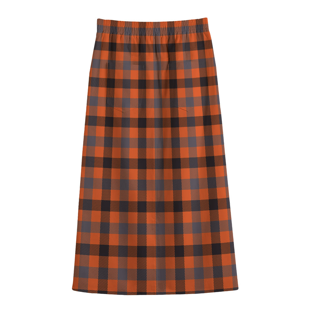 Orange Black And Grey Plaid Print Cotton Front Slit Maxi Skirt