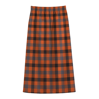 Orange Black And Grey Plaid Print Cotton Front Slit Maxi Skirt