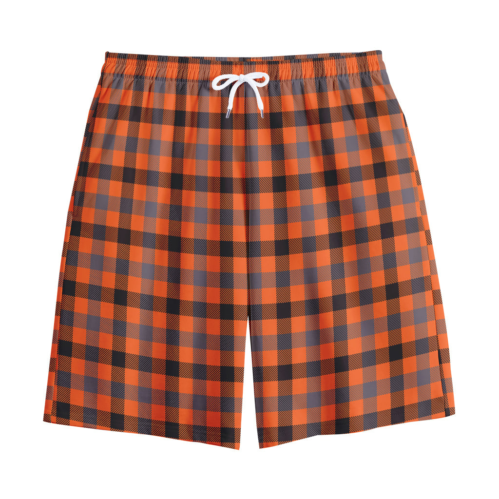 Orange Black And Grey Plaid Print Cotton Shorts