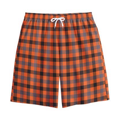 Orange Black And Grey Plaid Print Cotton Shorts