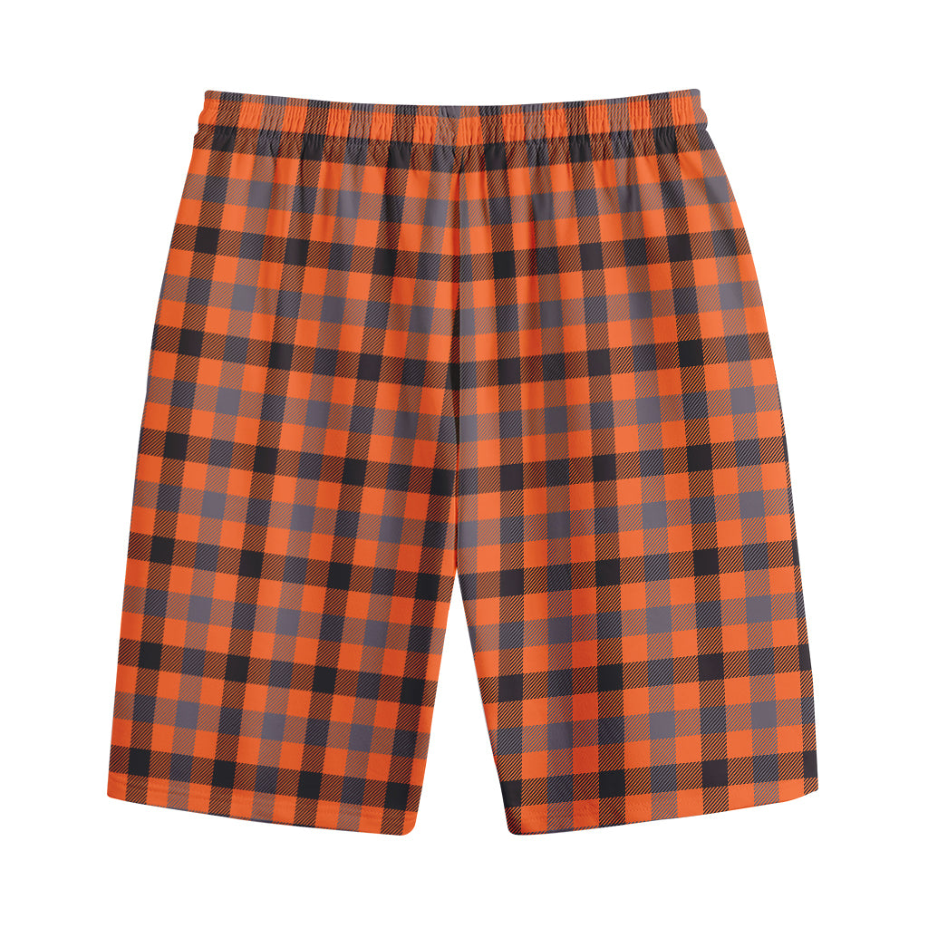 Orange Black And Grey Plaid Print Cotton Shorts