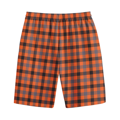Orange Black And Grey Plaid Print Cotton Shorts