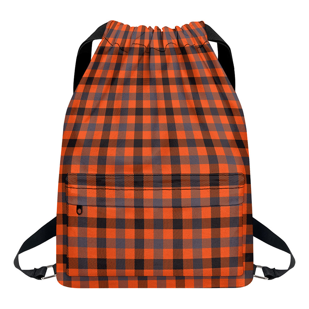 Orange Black And Grey Plaid Print Drawstring Backpack