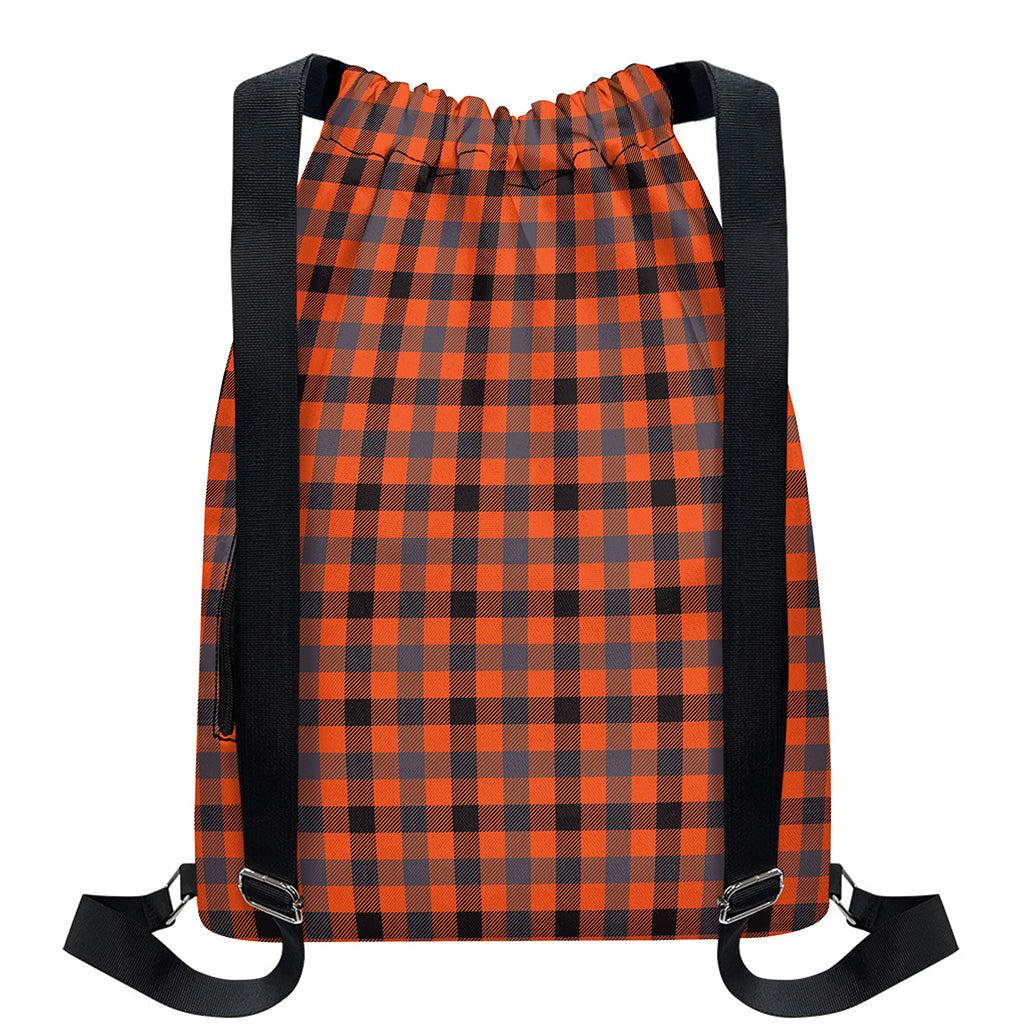 Orange Black And Grey Plaid Print Drawstring Backpack