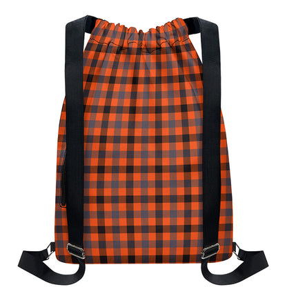Orange Black And Grey Plaid Print Drawstring Backpack