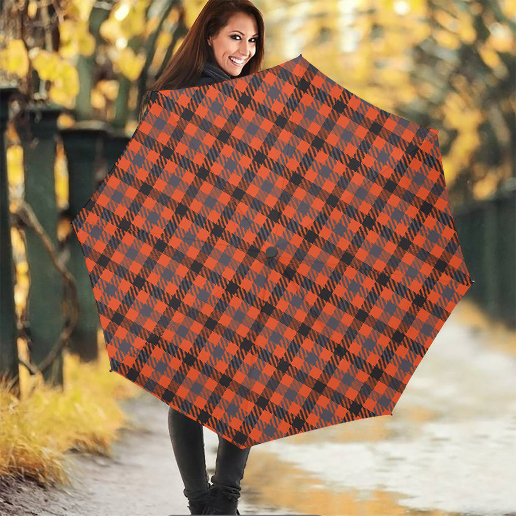 Orange Black And Grey Plaid Print Foldable Umbrella