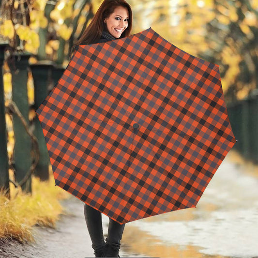 Orange Black And Grey Plaid Print Foldable Umbrella