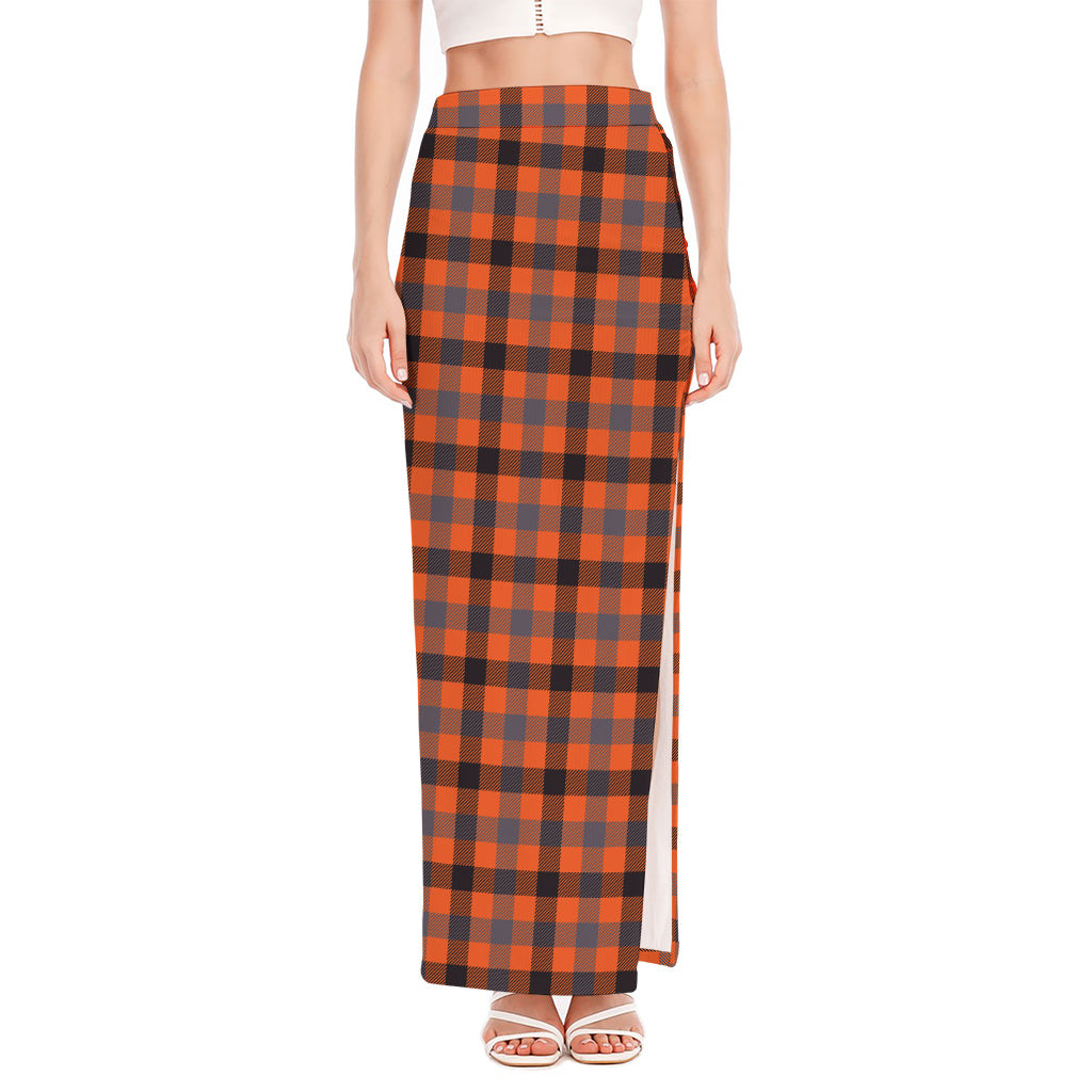 Orange Black And Grey Plaid Print High Slit Maxi Skirt