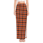 Orange Black And Grey Plaid Print High Slit Maxi Skirt