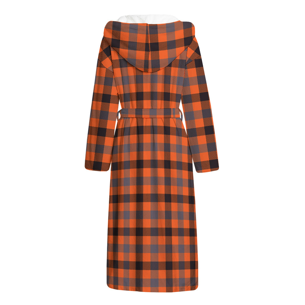 Orange Black And Grey Plaid Print Hooded Bathrobe