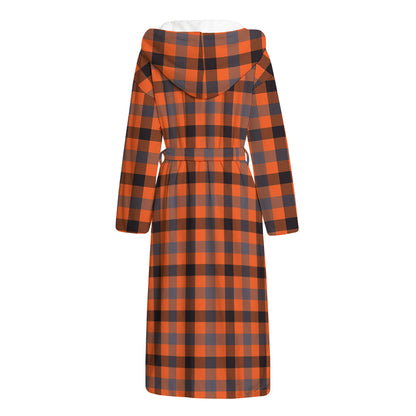 Orange Black And Grey Plaid Print Hooded Bathrobe