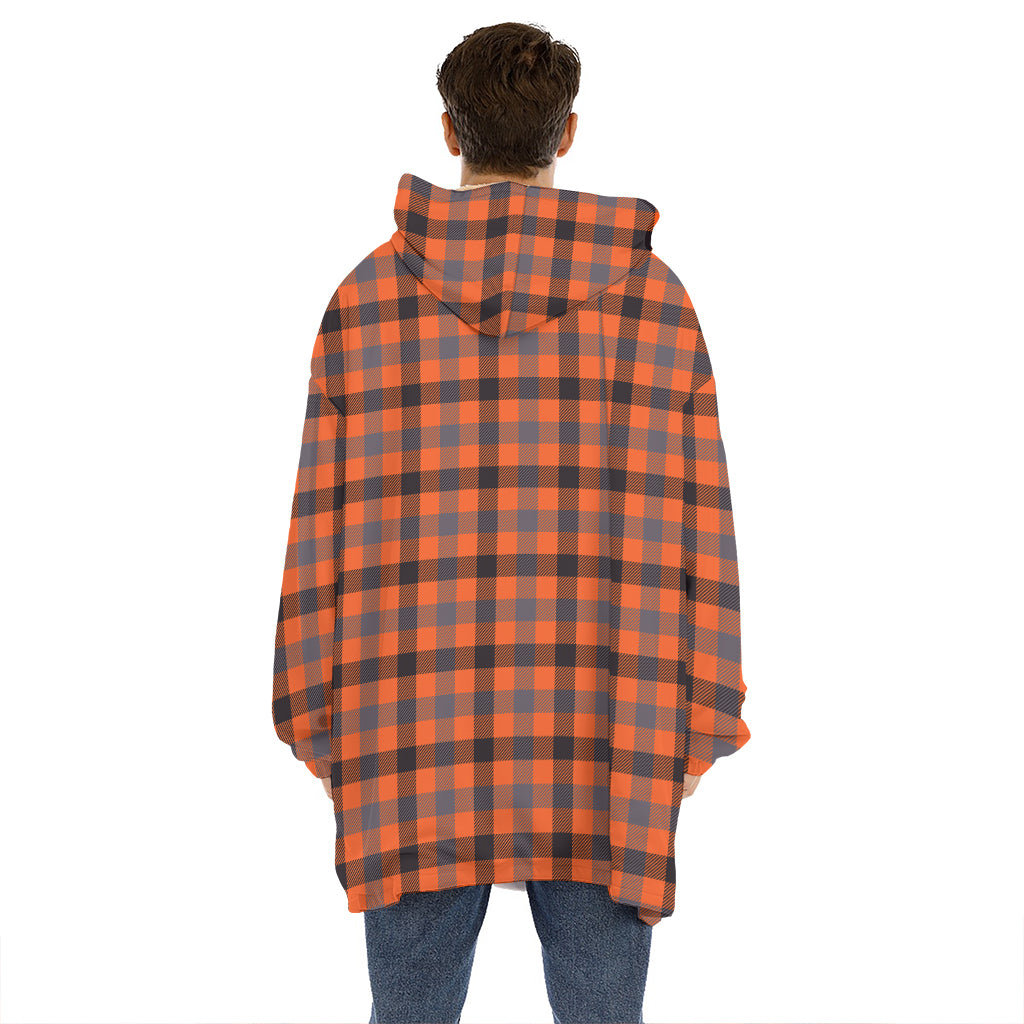 Orange Black And Grey Plaid Print Hoodie Blanket