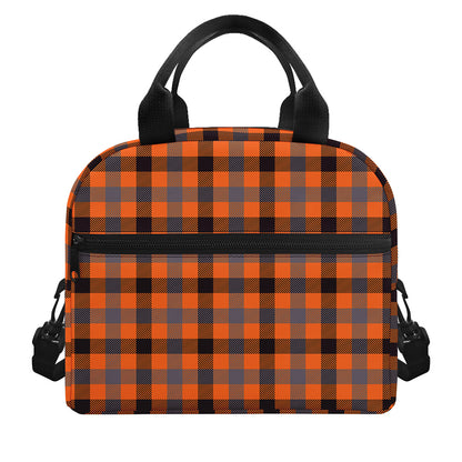 Orange Black And Grey Plaid Print Insulated Lunch Bag