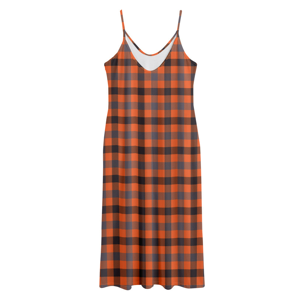 Orange Black And Grey Plaid Print Jersey Midi Cami Dress