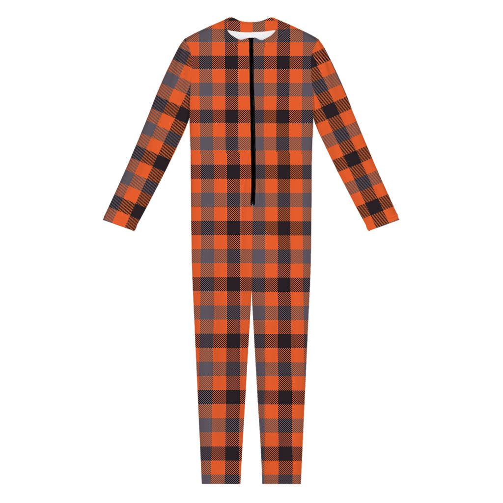 Orange Black And Grey Plaid Print Jumpsuit