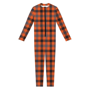 Orange Black And Grey Plaid Print Jumpsuit