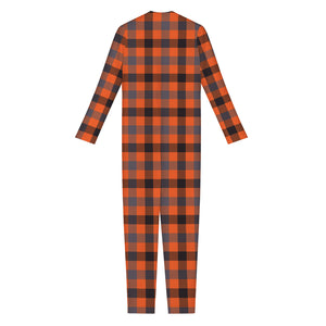 Orange Black And Grey Plaid Print Jumpsuit