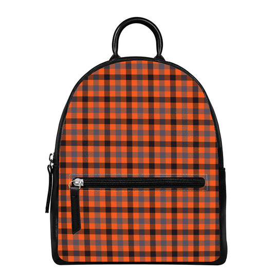 Orange Black And Grey Plaid Print Leather Backpack