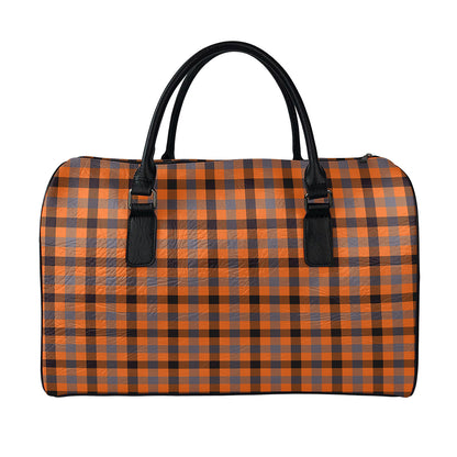 Orange Black And Grey Plaid Print Leather Duffle Bag