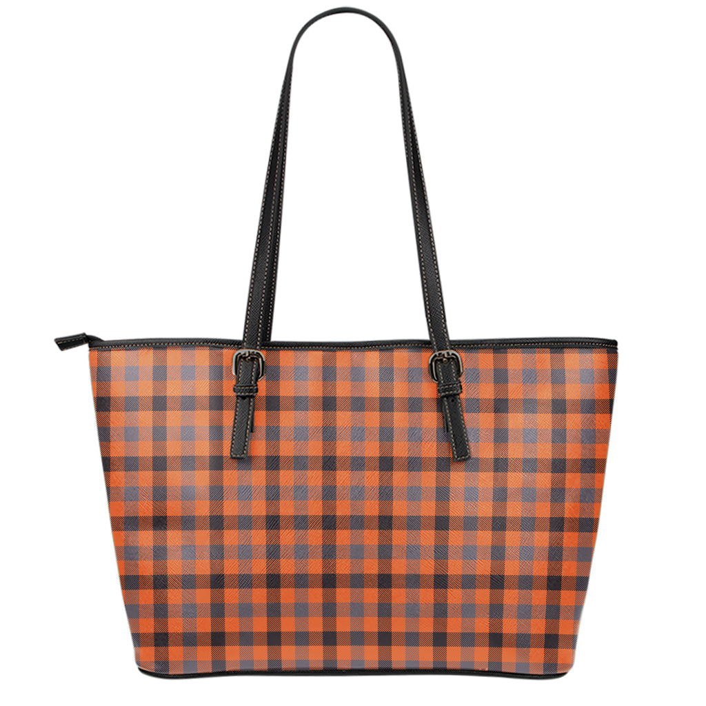 Orange Black And Grey Plaid Print Leather Tote Bag