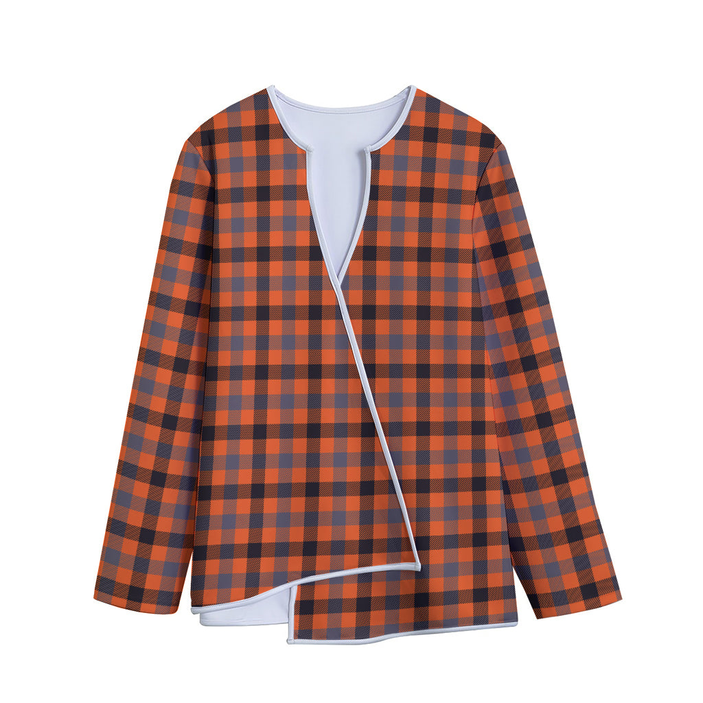 Orange Black And Grey Plaid Print Long Sleeve Short Coat
