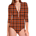 Orange Black And Grey Plaid Print Long Sleeve Swimsuit