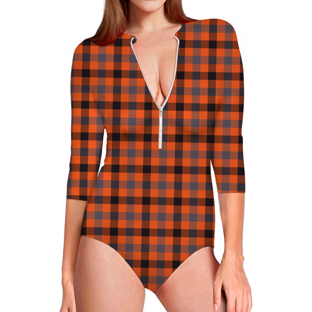 Orange Black And Grey Plaid Print Long Sleeve Swimsuit