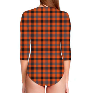 Orange Black And Grey Plaid Print Long Sleeve Swimsuit