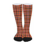 Orange Black And Grey Plaid Print Long Socks