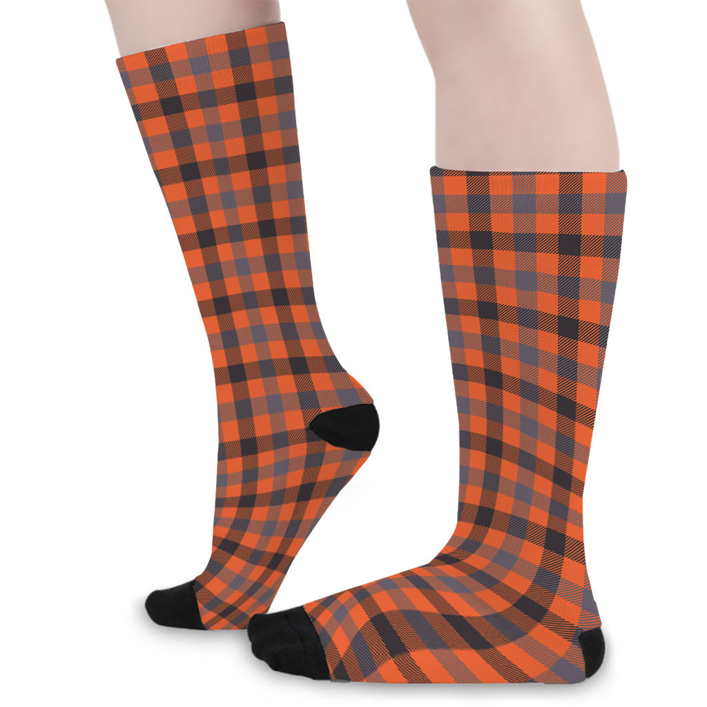 Orange Black And Grey Plaid Print Long Socks