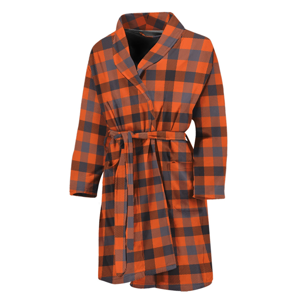 Orange Black And Grey Plaid Print Men's Bathrobe
