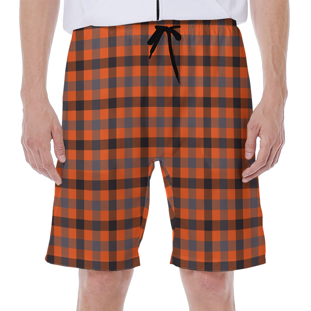 Orange Black And Grey Plaid Print Men's Beach Shorts