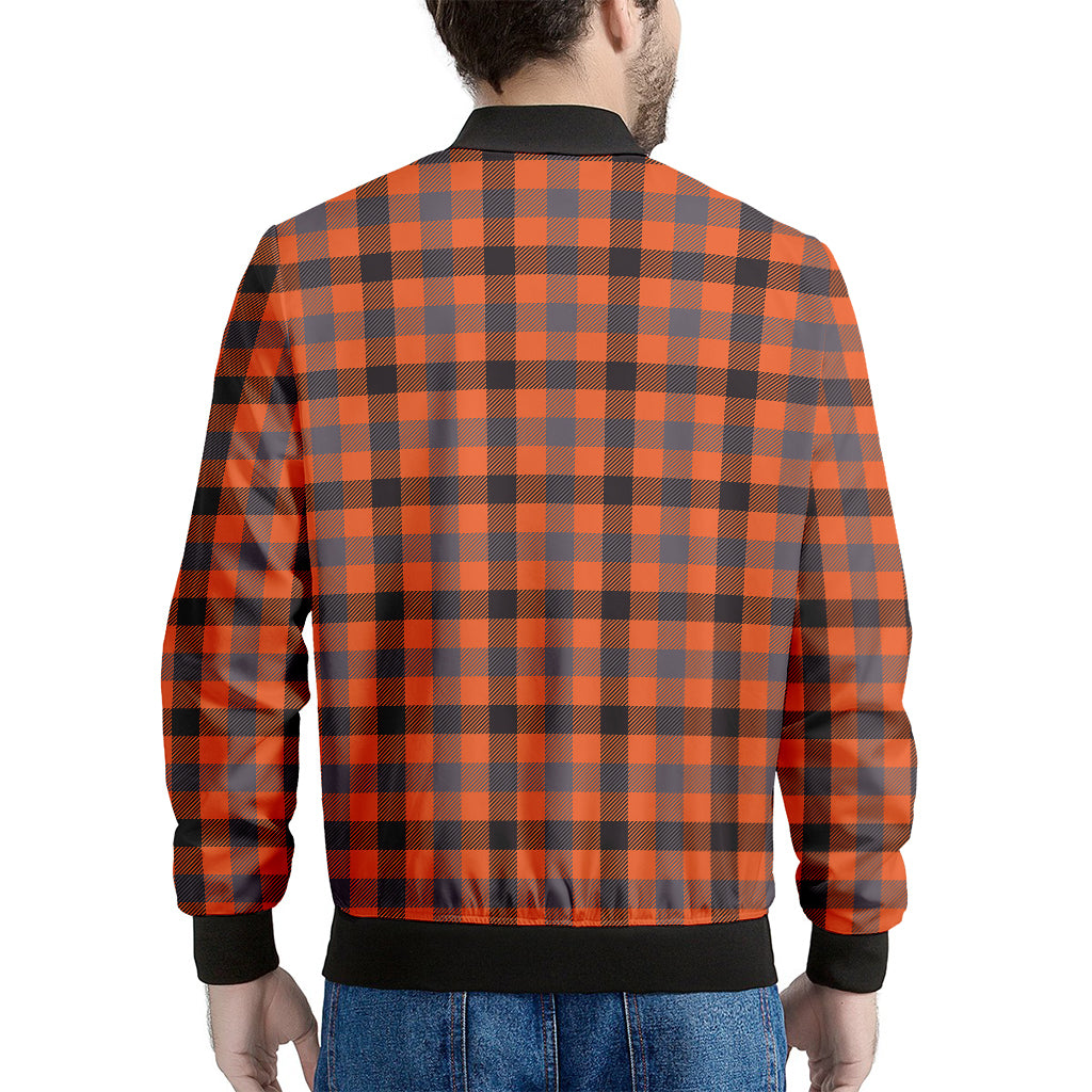 Orange Black And Grey Plaid Print Men's Bomber Jacket