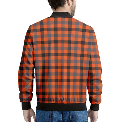 Orange Black And Grey Plaid Print Men's Bomber Jacket