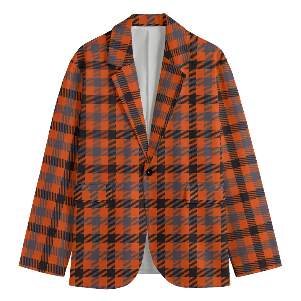 Orange Black And Grey Plaid Print Men's Cotton Blazer